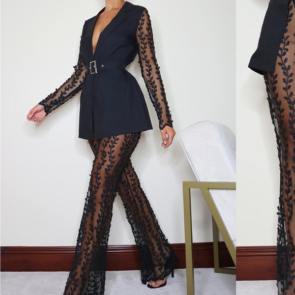 PrettyLittleThing Pants - ⚠️ CLEARANCE!!! PrettyLittleThing Black Sheer Embroidered Pantsuit